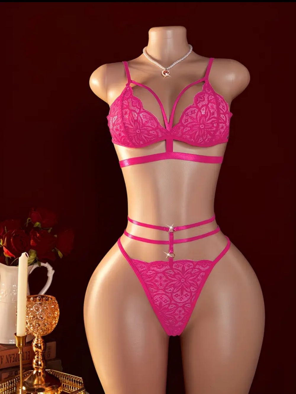🎀 Hot Pink Lace Strappy Bralette & Thong Set 🎀 NWT